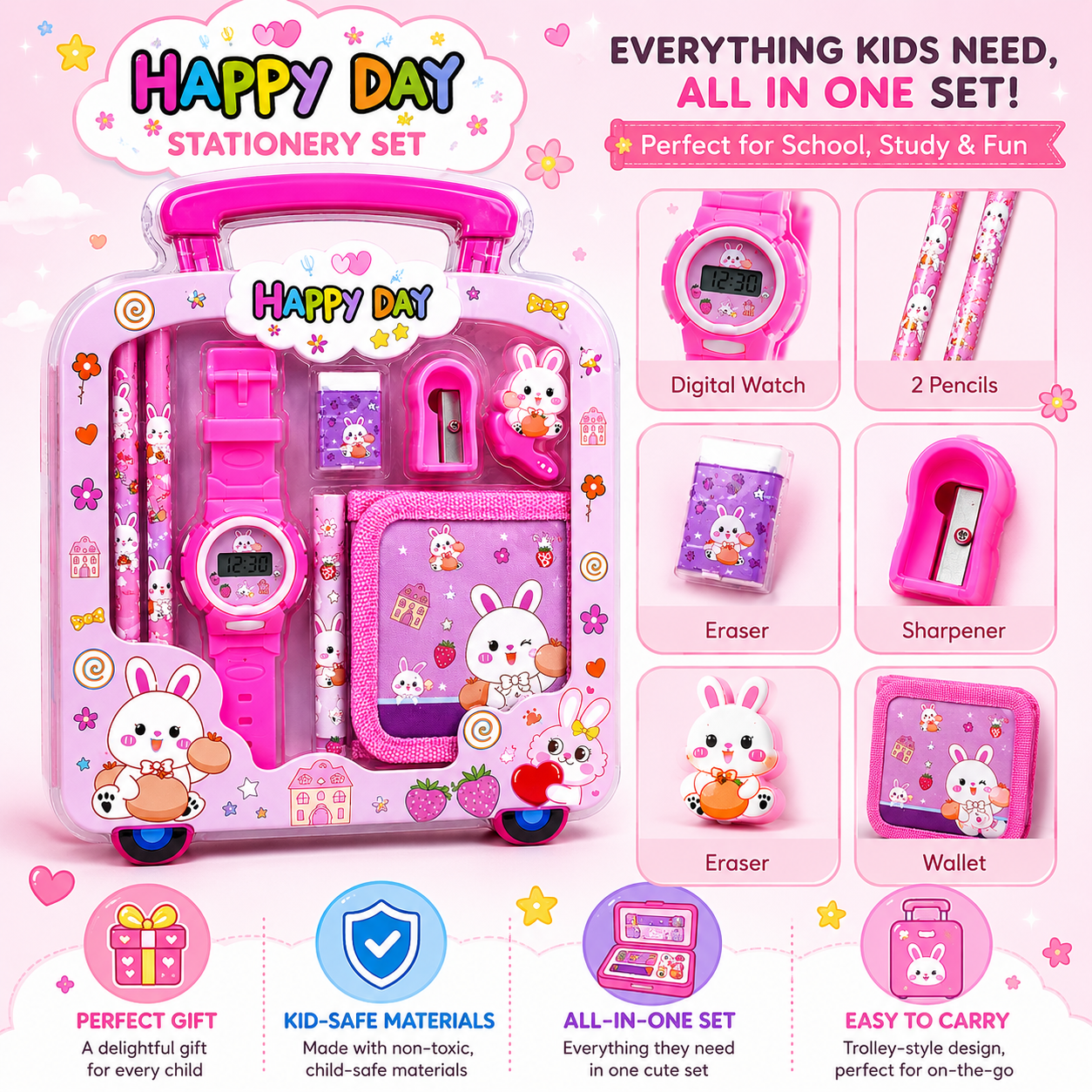 Velvet & vow Kids Stationery Gift Set with Watch, Wallet, Pencils, Sharpener, Pink Bunny Theme, Trolley Case Design
