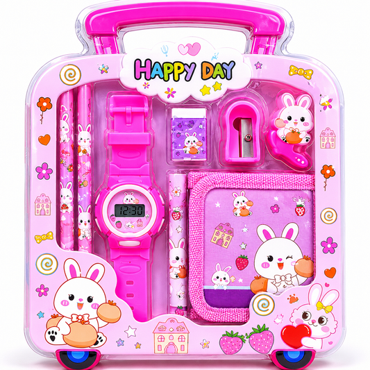 Velvet & vow Kids Stationery Gift Set with Watch, Wallet, Pencils, Sharpener, Pink Bunny Theme, Trolley Case Design