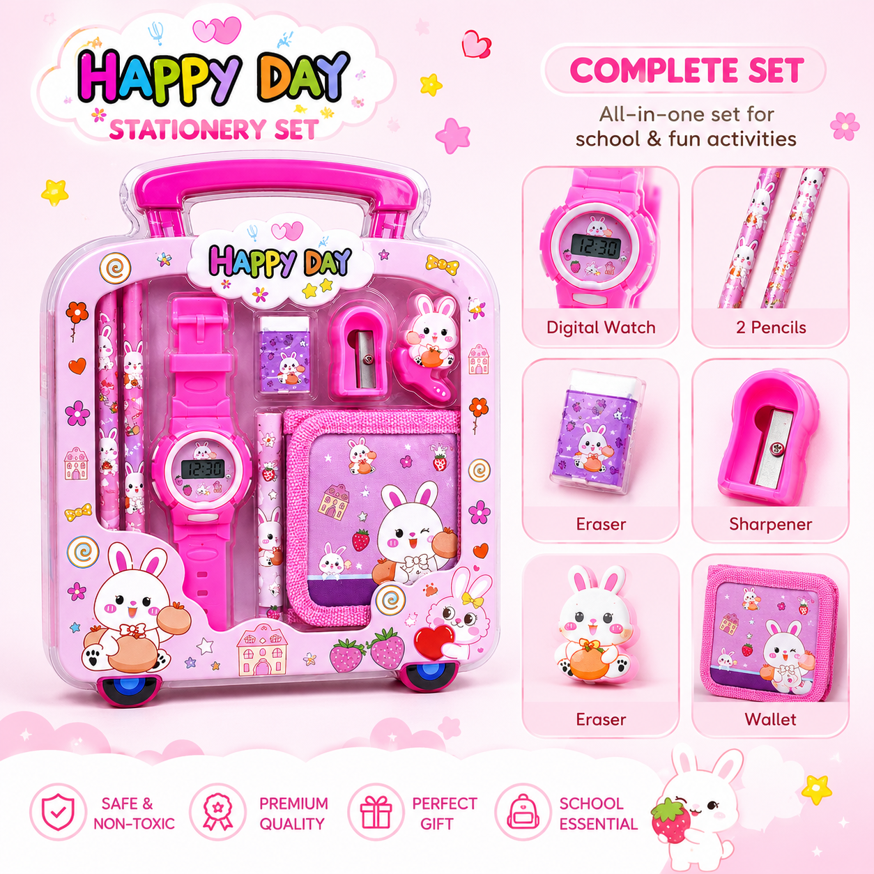 Velvet & vow Kids Stationery Gift Set with Watch, Wallet, Pencils, Sharpener, Pink Bunny Theme, Trolley Case Design