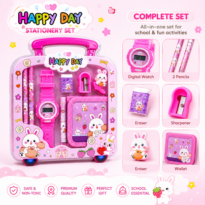 Velvet & vow Kids Stationery Gift Set with Watch, Wallet, Pencils, Sharpener, Pink Bunny Theme, Trolley Case Design