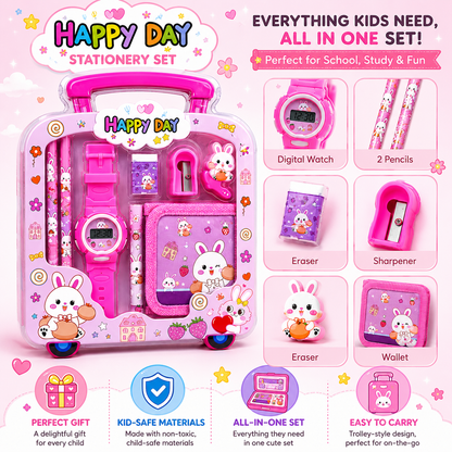 Velvet & vow Kids Stationery Gift Set with Watch, Wallet, Pencils, Sharpener, Pink Bunny Theme, Trolley Case Design