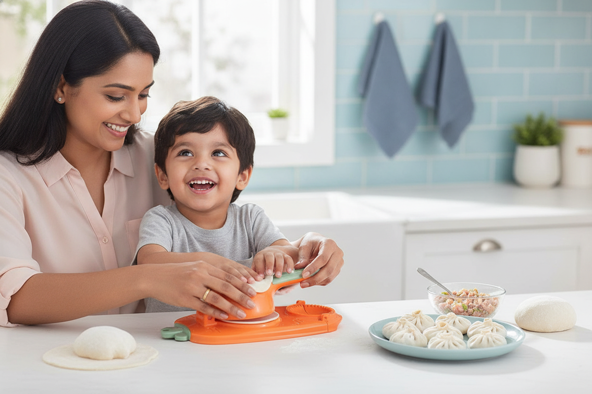 Mother and child happily making dumplings together with a 2 in 1 Momos Dumpling Maker on a white kitchen counter.
