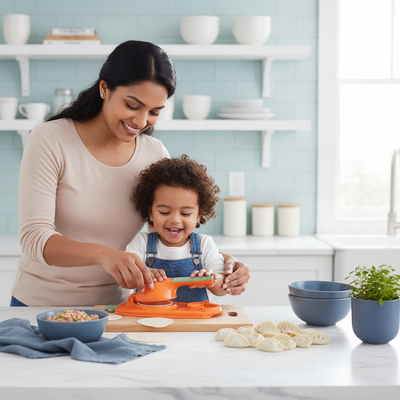 A mother and child smiling and making momos together using a 2 in 1 Momos Dumpling maker in a bright kitchen.